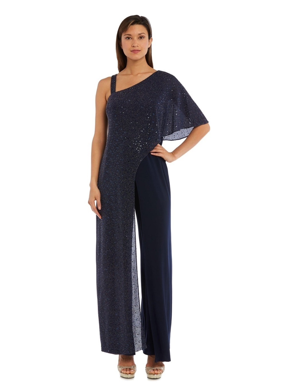 R & M Richards Black Knit One Shoulder Asymmetric Jumpsuit